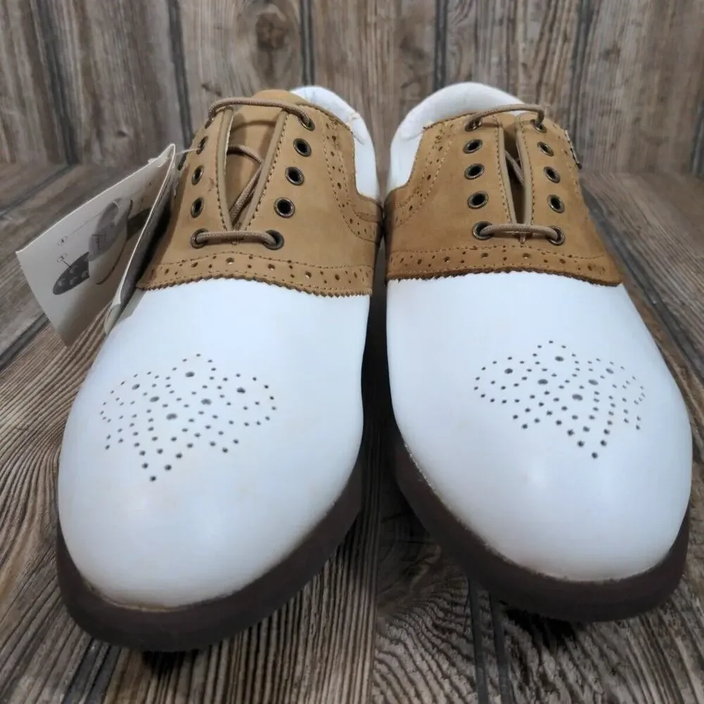 Mizuno Women Metal Cleat Golf Shoes White Brown‎ Saddle Classic Sz 8 Waterproof